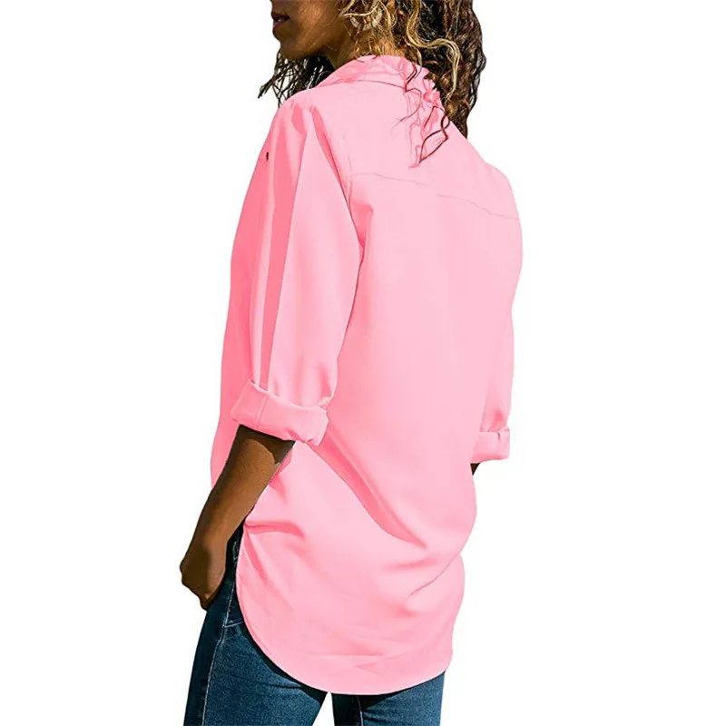 Fashion Autumn Pure color V collar Eye buttonhole Long sleeves Chiffon shirt Women Top Female Blouse Shirt