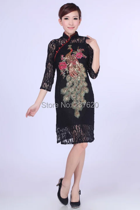 Free shipping Peacock qipao chinese women's Lace cheongsam traditional dress Qipao short 3 color E0014 |