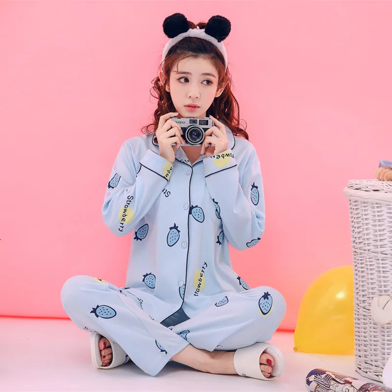Women Cotton Lingerie Cute Cartoon Pyjamas Sleepwear Long Sleeve Underwear Nightwear Set Pajamas Pijamas Femme | Женская одежда