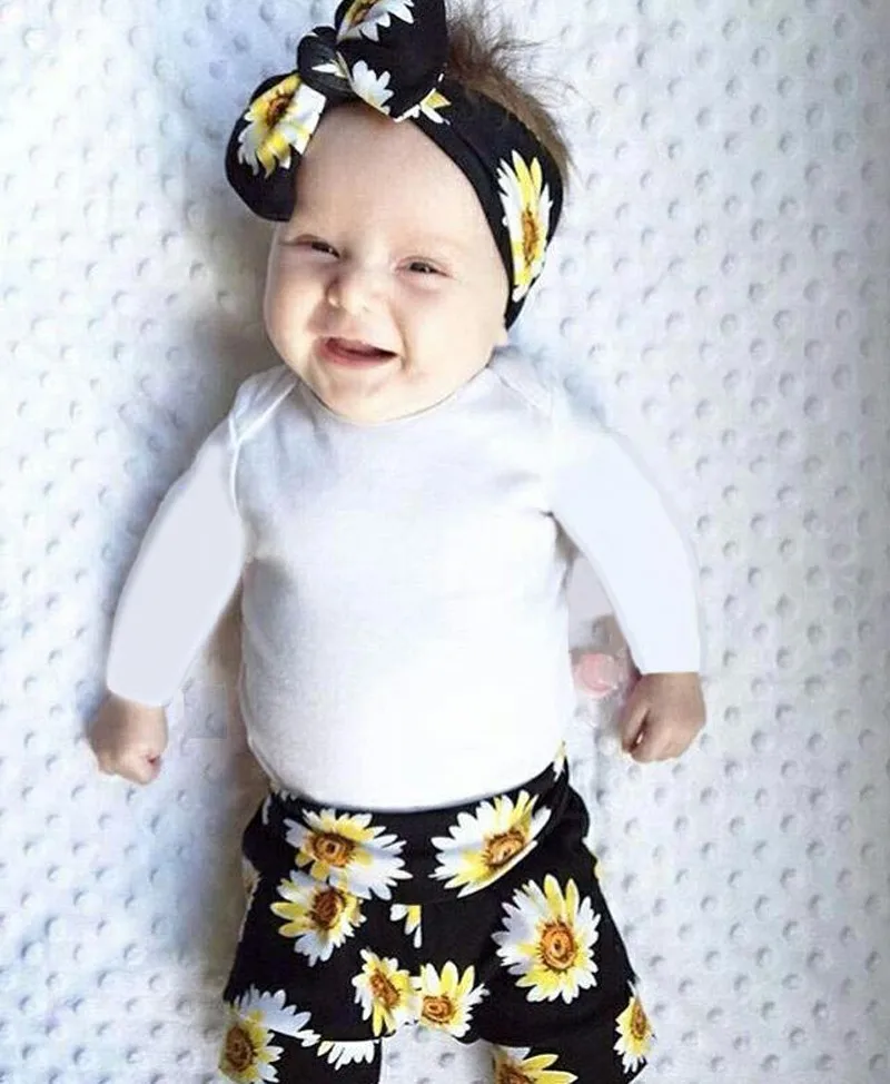 

Newborn Infant Baby Girls Clothes Set 2019 Spring Autumn Tops Romper+Chrysanthemum Pants+Headband Baby Girl Clothing Outfit