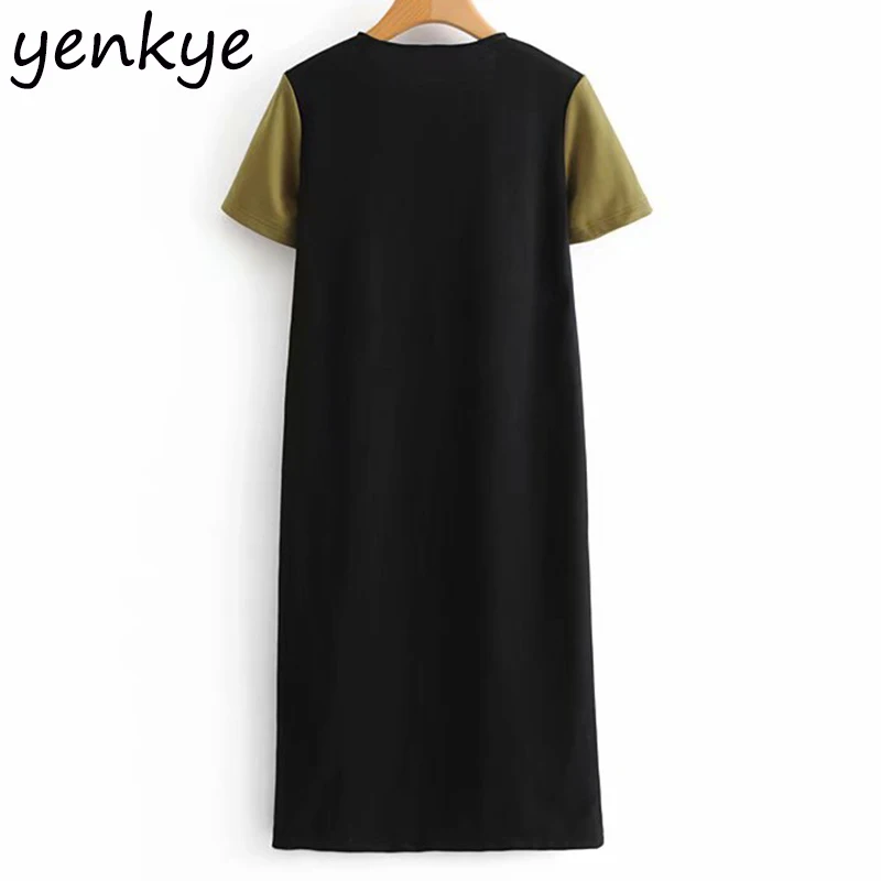 Для женщин V шеи короткий рукав Винтаж блок Цвет платье футболка прямые миди