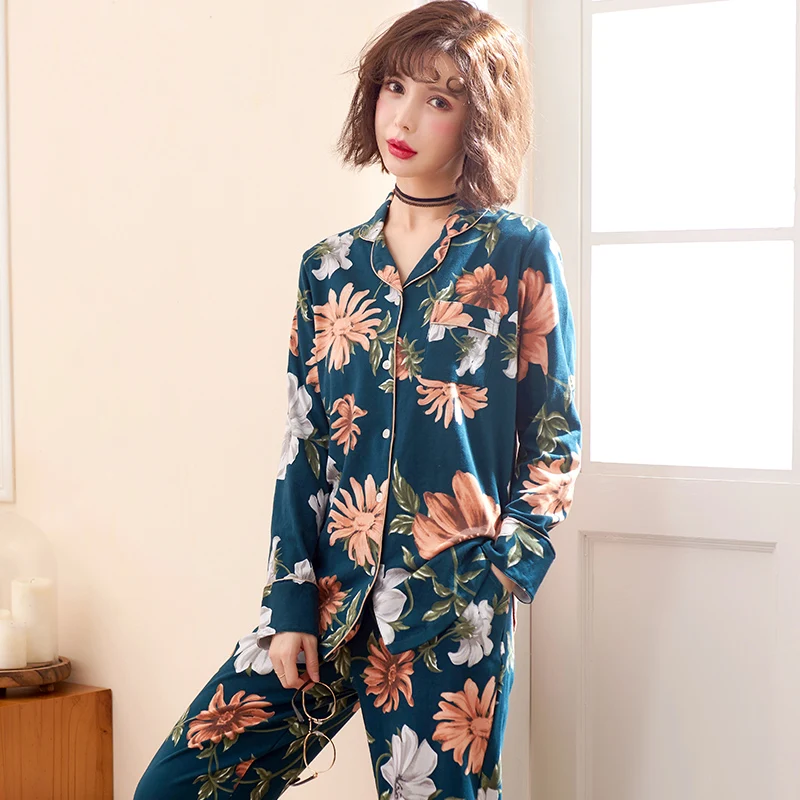 Autumn Winter 100%Cotton Floral Warm Women's Long Sleeve Pajamas Set Turn-down Collar Cardigan Big Size M-XXL Female Clothing | Женская
