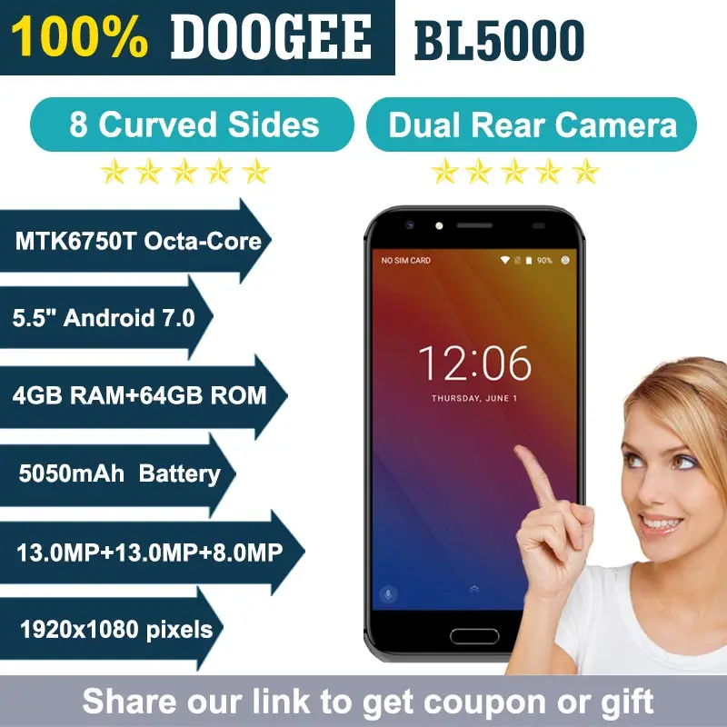 DOOGEE BL5000 мобильные телефоны 5050 мАч двойные 13 МП камеры 5 &quotFHD MTK6750T Восьмиядерный 8