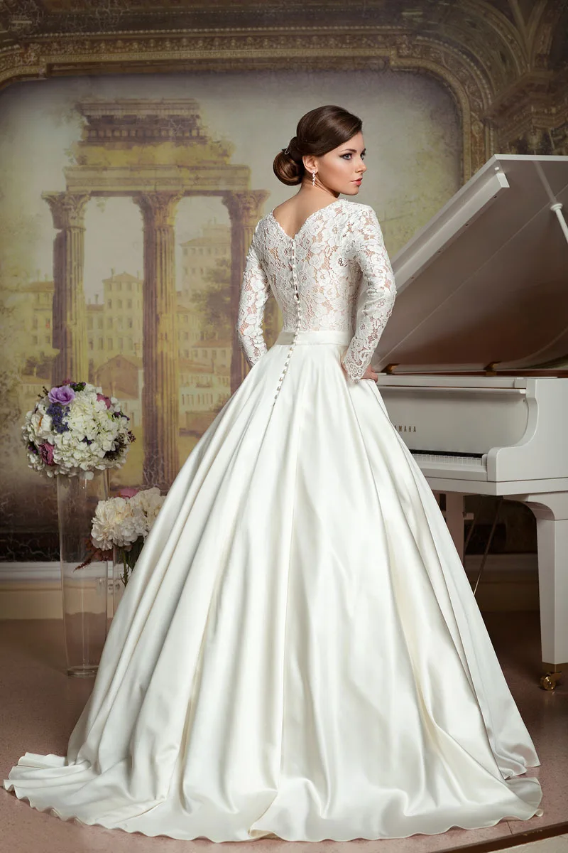 SexeMara Wedding Dresses 2017 De Noiva Vintage Princess V-neck Illusion Beaded Long Sleeves Ball Satin | Свадьбы и торжества