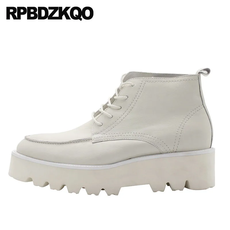 

Booties White Ankle High Sole Shoes Men Full Grain Leather Boots Fall Wedge Lace Up Thick Soled Top Short European Platform Heel
