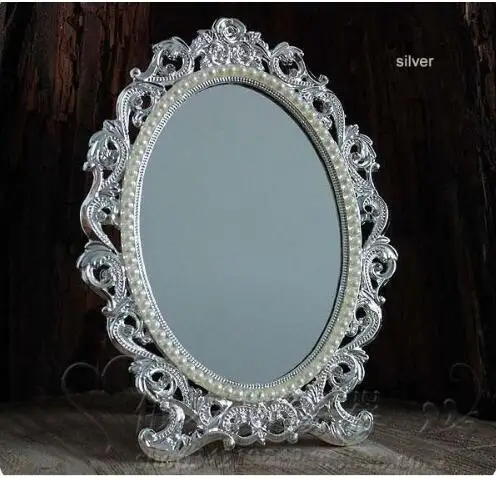 sliver color Ретро настольное косметическое зеркало для макияжа, цветочные тисненые украшения, инкрустированная жемчугом металлическая рамка, украшение стола, серебряная бронза, 337B - Цвет: sliver color