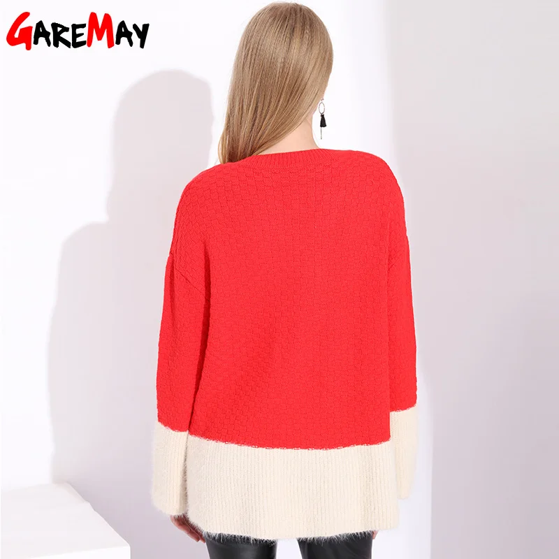 Garemay Women's Mohair Knitted Sweater Female Womens Oversized Sweaters And Pullovers V Neck Loose Patchwork Red | Женская одежда