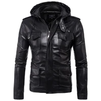 2021 new europe and america mens hooded motorcycle leather jacket autumn multi pocket black pu leather jacket coat big size 5xl