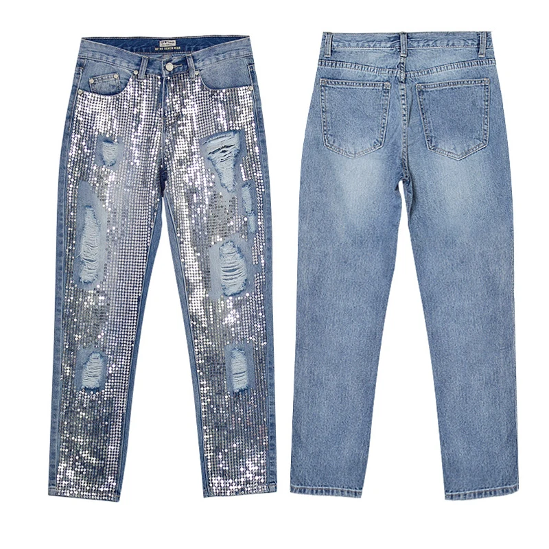 Женщины Witsources свободные модные джинсы с блестками вышивкой рваные повседневные