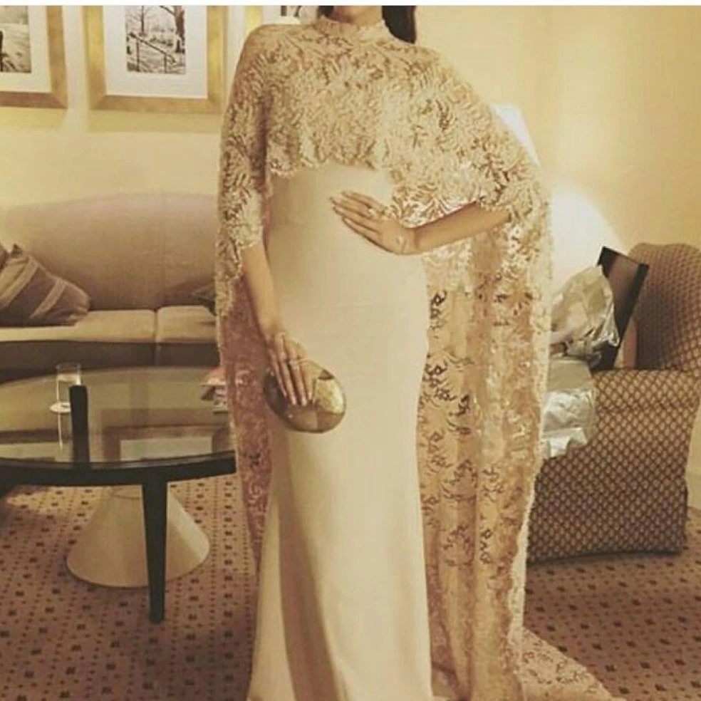 

2017 sexy round collar Champange lace shawls long evening dress trailing Arab dubai De party FG456 mermaid dress robes