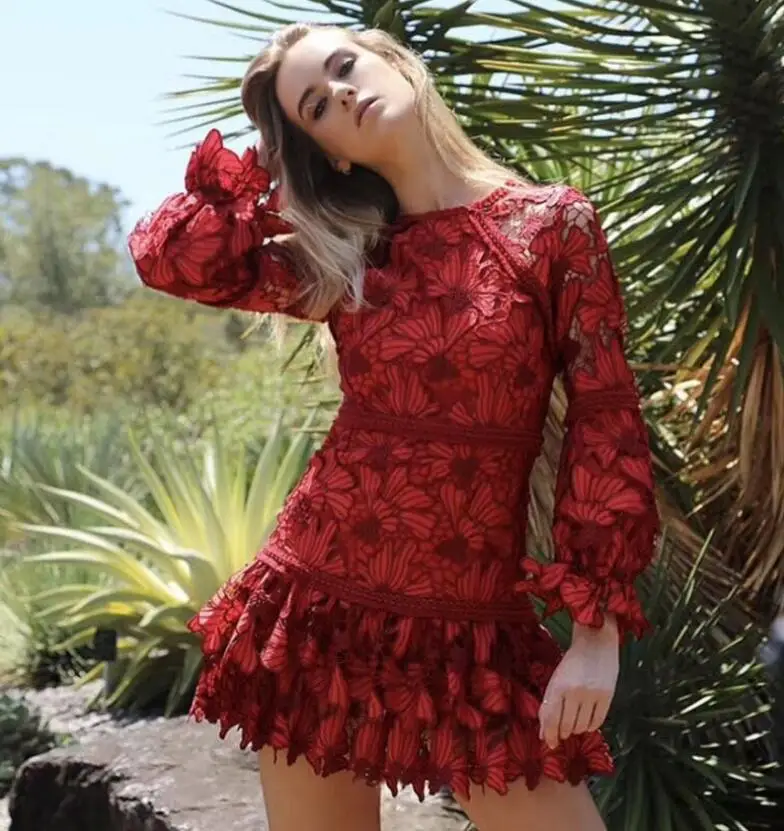 

Aosai High Quality Hollow Out Women New Dress Long Sleeve Slim Sexy O-neck Lace Style Dresses Red Dress Women Vestidos