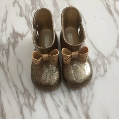 gold Melissa ForChildren желе мини милый бант резиновые сапоги Нескользящие непромокаемые резиновые сапоги для девочек желе обувь сапоги "принцесса" - Цвет: gold