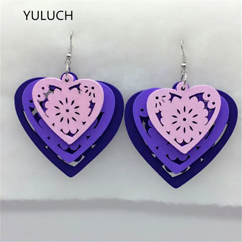 Новинка 2016 деревянные серьги подвески в форме сердца трехцветные длинные