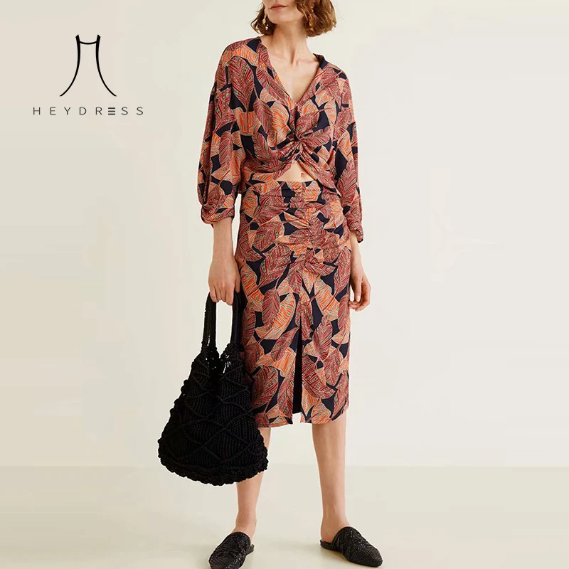 Женский свободный костюм Heydress винтажный с длинным рукавом юбка разрезом и