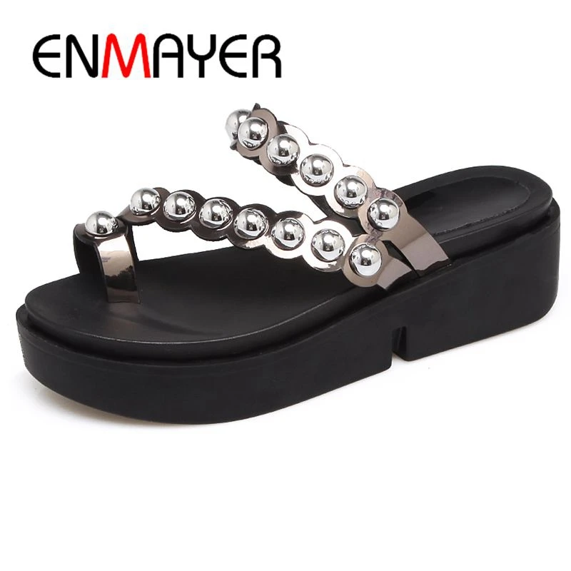 ENMAYER/женские летние модные шлепанцы на танкетке Однотонные уличные женские
