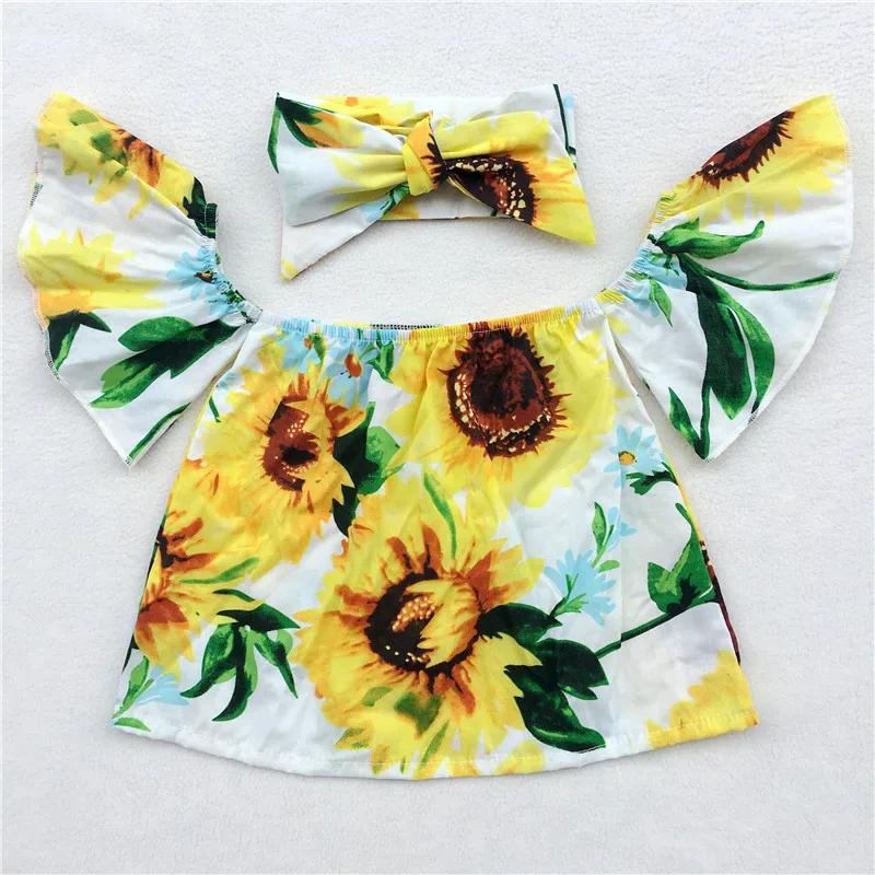Lovely Toddler Baby Clothes Girls Floral Ruffle Butterfly Sleeves Tops Shirt Cotton Outfits Top+Handband 2pcs | Детская одежда и