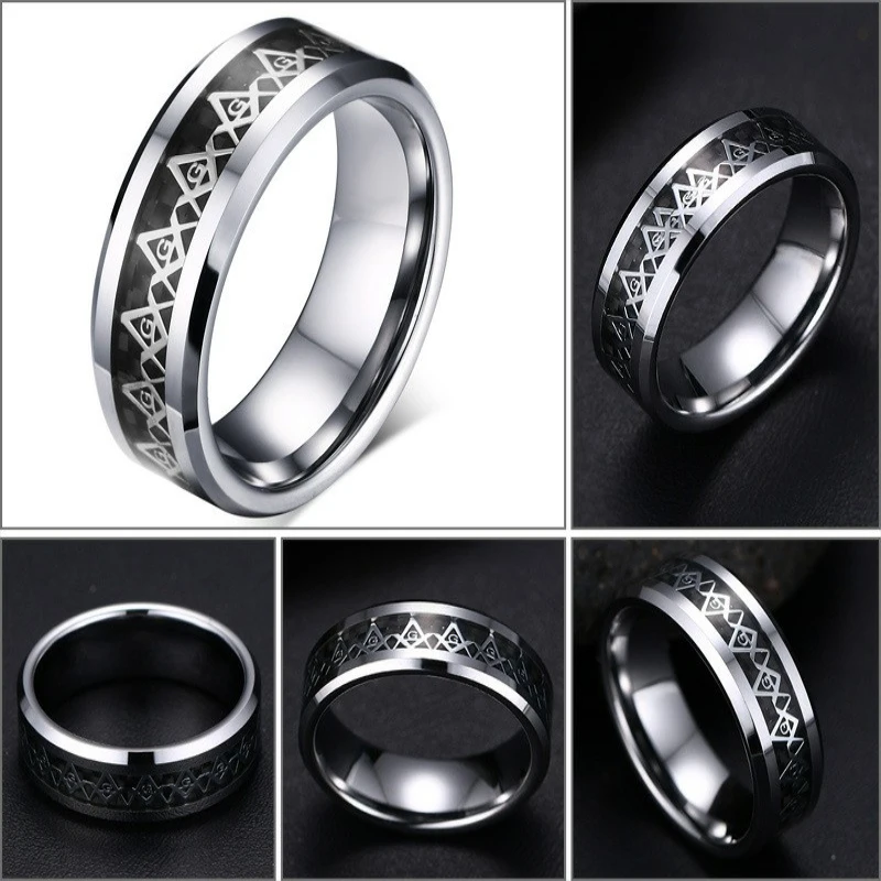 8мм 100% Кольцо из карбида вольфрама для мужчин Серебряное Масонское Карбоновое Целлюлозное Мужское Ювелирное украшение Комфортная посадка Размеры 7-13