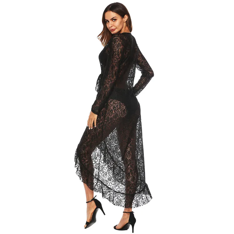 

Plus Size 2019 Women Spring Casual Sexy Vintage Long Sleeve Dresses Fashion Lace Black Maxi Dress