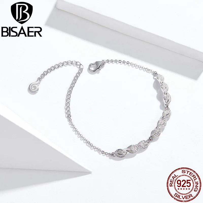 BISAER, серебряные браслеты, 925 пробы, серебряные, светящиеся, дерево, листья, лист, цепь, женские браслеты, Стерлинговое серебро, ювелирные изделия EFB017