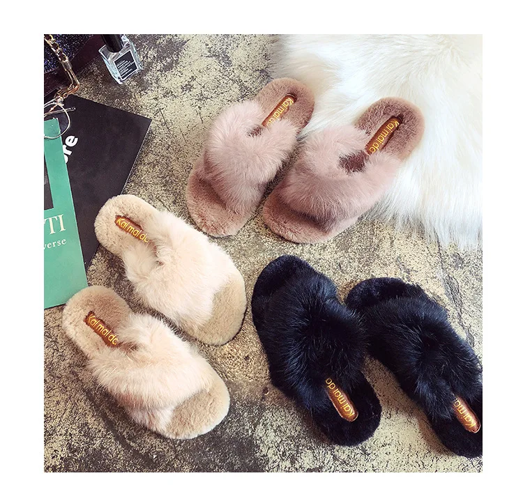COOLSA Women's Fluffy Rabbit Fur Slippers Fashion Indoor Cross Fur Slides Casual Push Cotton Flip Flops Large Size Shoes