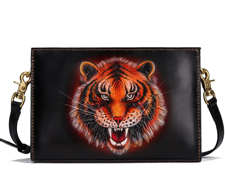 Handmade Business Men Vegetable Tanned Leather Carving Tiger Bag Money Holder Clutch Purse Phone Pocket Man Clutches Envelope |