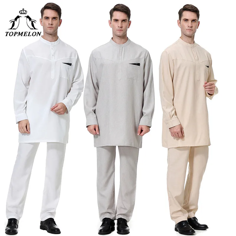 TOPMELON Qatar Kurta Арабский мусульманский ислам комплект одежды мужские juba thebe топы и брюки S-3XL размера плюс новая модная одежда
