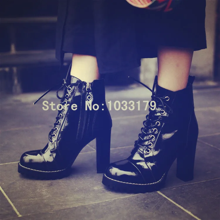 

Brand Punk Women Ankle Boots Patent Leather Platform Short Booties Martin High Heels Women Pumps Lace Up Militares Botines Mujer
