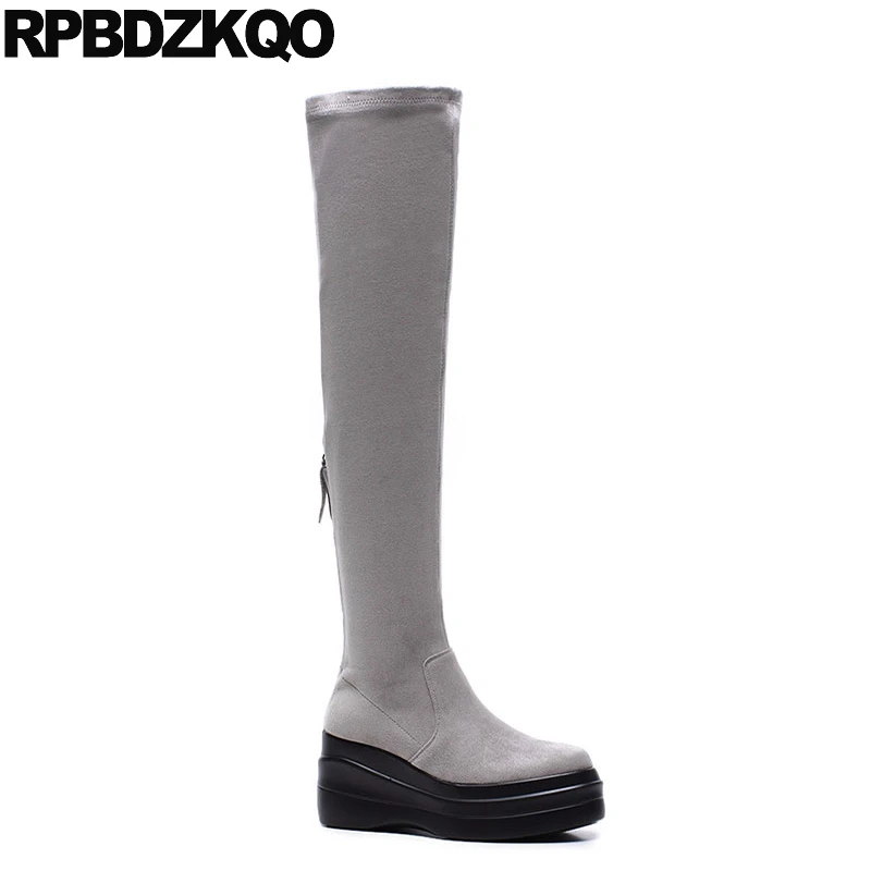 Over The Knee Muffin Gray High Long Slim Quality Suede Elevator Shoes Thigh Women Boots Platform Stretch 2021 New Ladies Chinese | Обувь