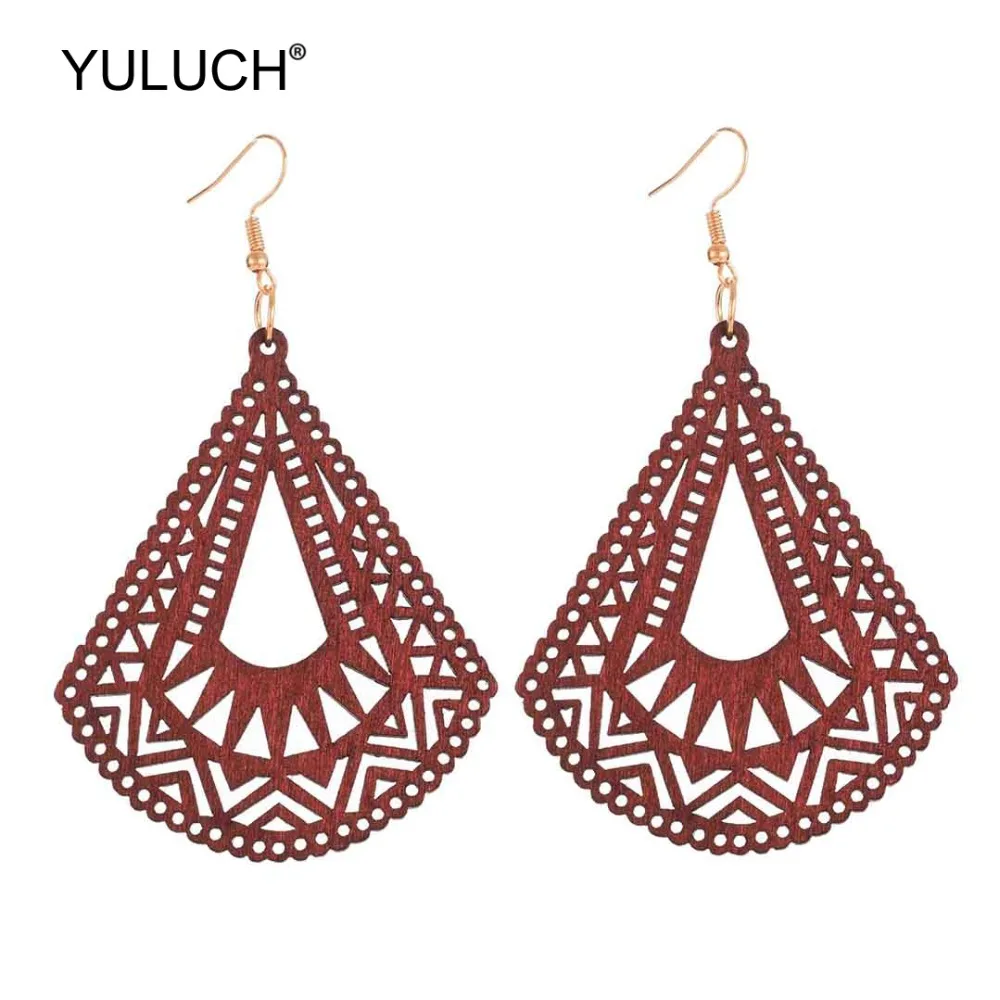 YULUCH 2019 этнические деревянные 4 цвета полые длинные Подвесные серьги Висячие