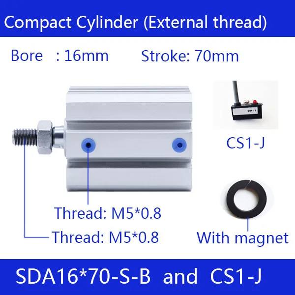 

SDA16*70-B 16mm Bore 70mm Stroke External thread Compact Air Cylinders Dual Action Air Pneumatic Cylinder