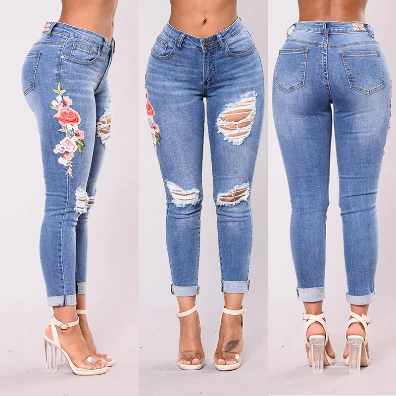 

2017 Fashion Women Jeans High Waist Skinny Slim Embroidered Design Jeans Ripped Hole Regular Casual Slim Bodycon Jeans 1