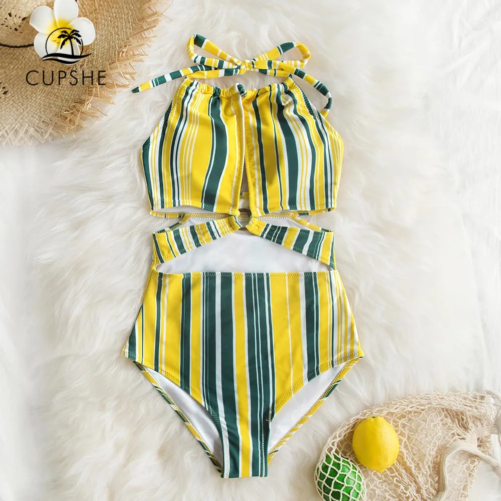 CUPSHE желтого серого и белого цвета в полоску Печатный пррнт Холтер цельный