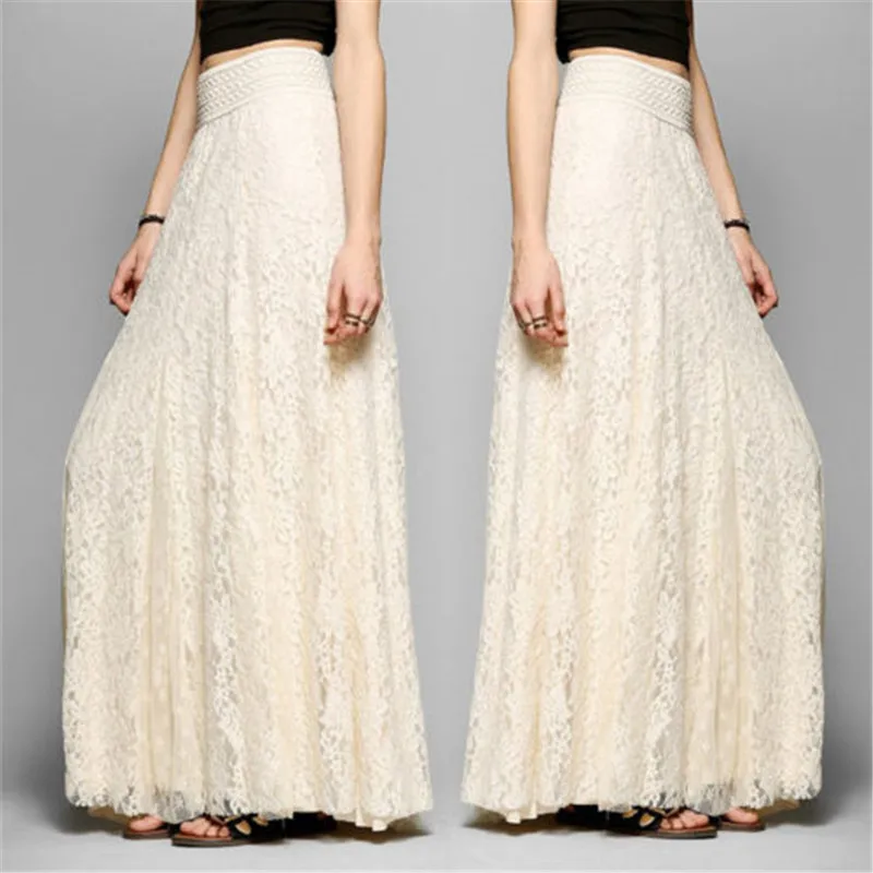 New2018 Women Double Lace Layer Chiffon Pleated Long Maxi skirt Elastic Waist Skirt | Женская одежда