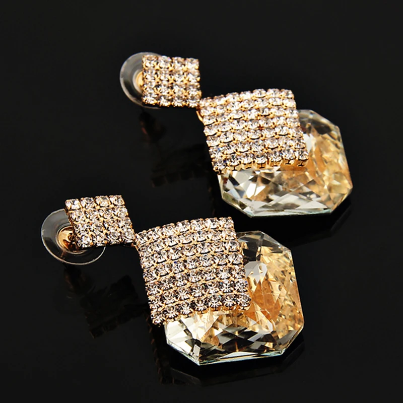 Classic Simple Style White Gray Color to Selection Inlay Big Rhinestone Square Shape Pendant Drop Earrings for Women | Украшения и