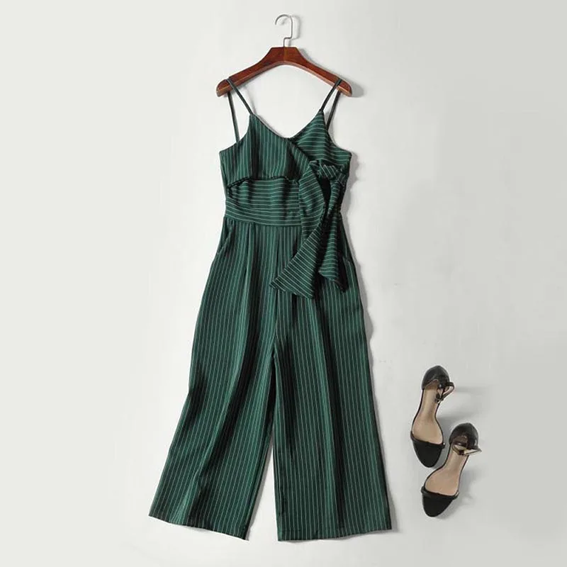 Queenus Для женщин комбинезон свободные Хлопковые смеси в полоску плиссированные