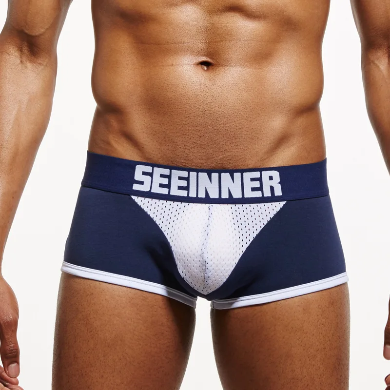 S743 Deep blue 20 видов стилей Seeinner, фирменные хлопковые мужские боксеры, сексуальные шорты для геев, мужское нижнее белье для пар, бриджи, мужские трусы с мешочком, боксеры - Цвет: S743 Deep blue