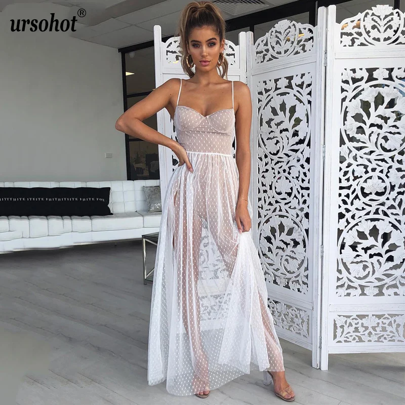 Женское пляжное Сетчатое платье в горошек Ursohot летнее Прозрачное макси на тонких