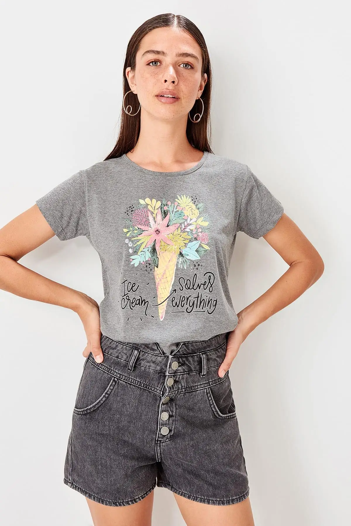Trendyol Антрацит печатных Базовые Трикотажные футболки TWOSS19TS0545|Футболки| |