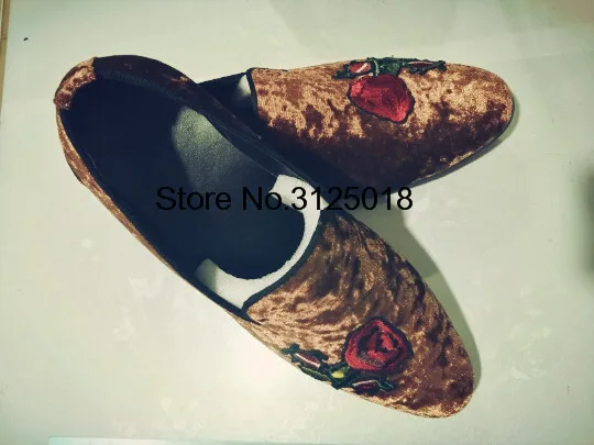 Мужские свадебные туфли коричневые на плоской подошве с цветочной вышивкой