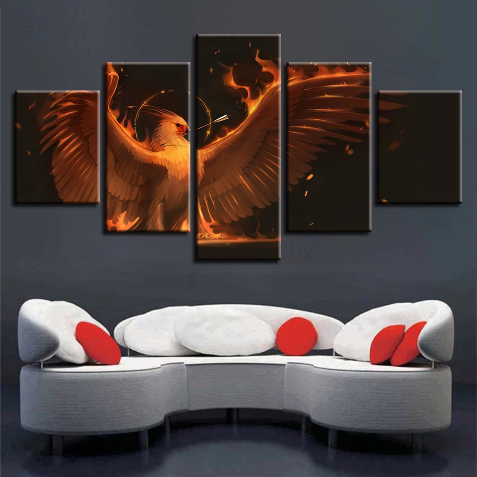 HD Prints Canvas For Living Room Decor Frame 5 Pieces Fire Finches Spread Wings Pictures Bird Poster Modular Painting Wall Art | Дом и сад
