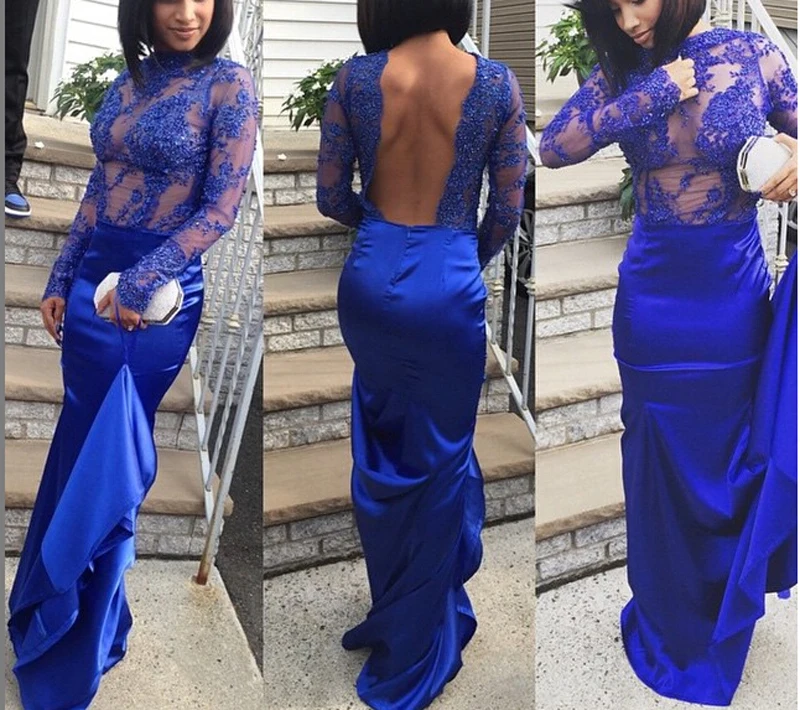 Royal Blue Long Sleeves Open Back See-through Evening Dress Women Mermaid Prom Maxi Gowns Saudi Arabia Graduation Gown | Свадьбы и