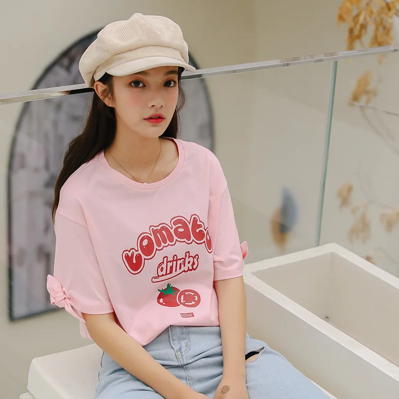 Свободная Повседневная футболка с розовым томатом и надписью в Корейском стиле