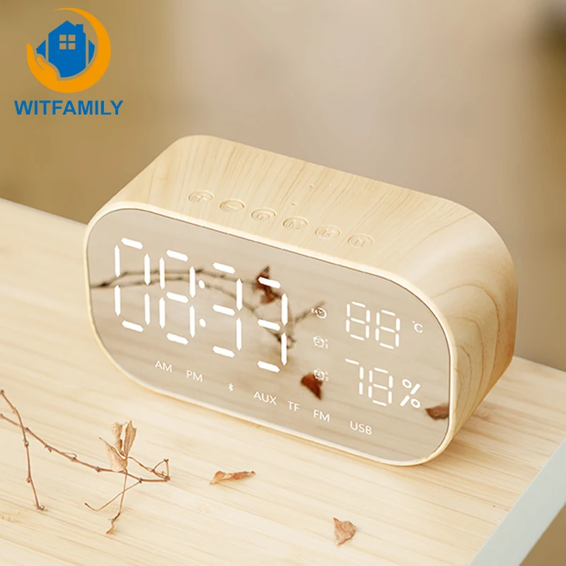 Зеркало LED Деревянные часы беспроводной Bluetooth динамик цифровой будильник с FM