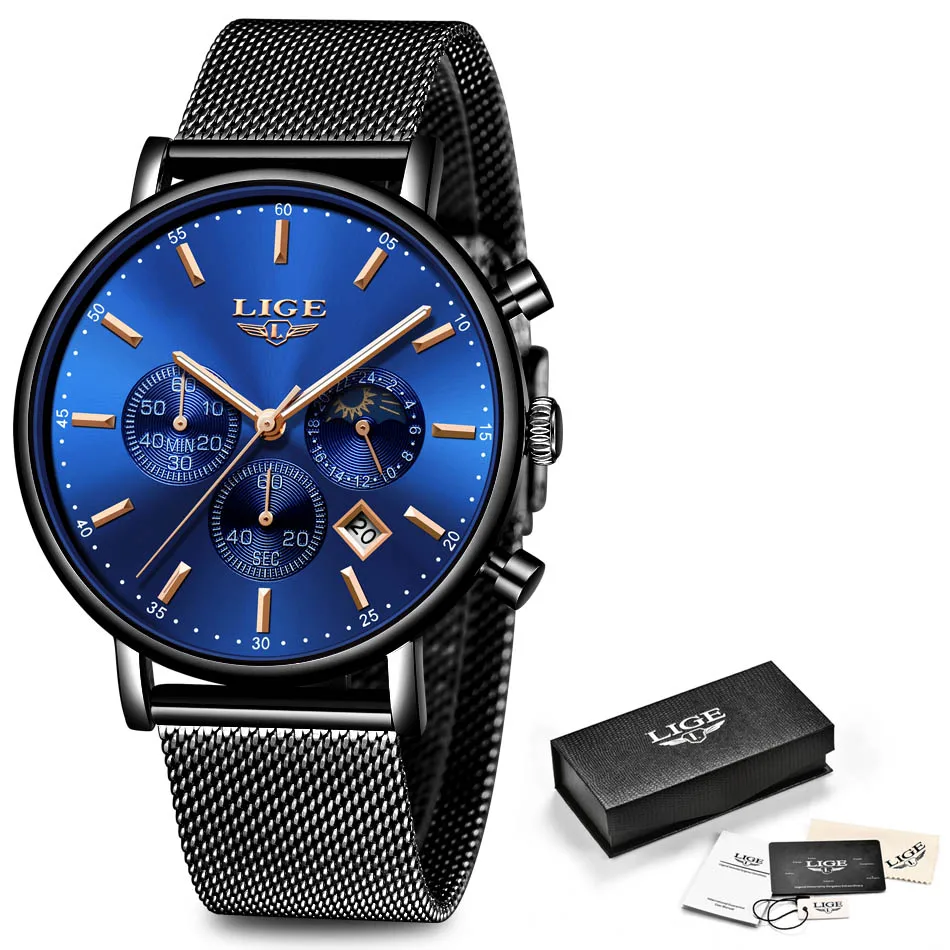 

New LIGE Watch Mens Simple Chronograph Male Casual Stainless Steel Quartz Watch Sport Waterproof Mens Watches Relogio Masculino