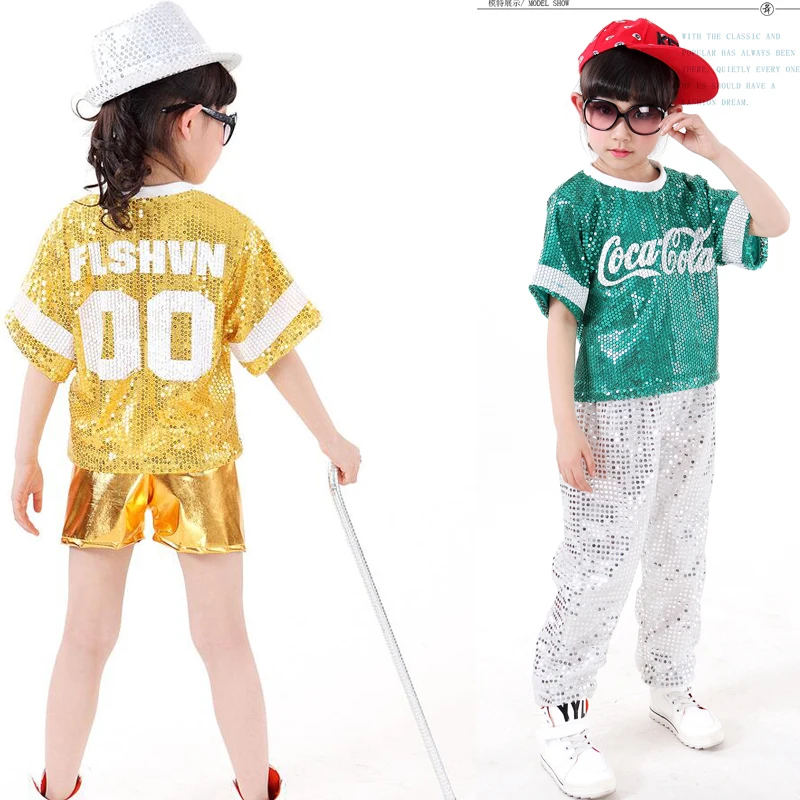 Детская Одежда для танцев в стиле хип хоп с блестками девочек джазовые топики и