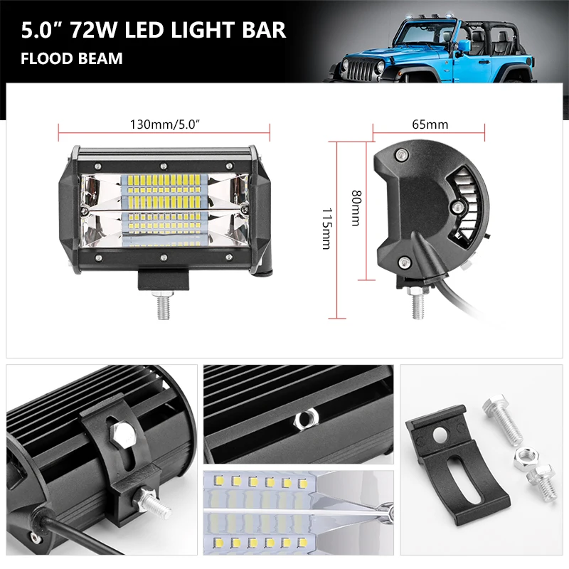 Jansite 5 inches LED Light SUV IP67 Waterproof Car Off-road Work lights Double Row 72W Flood beam for Boat Motorcycle Excavator |