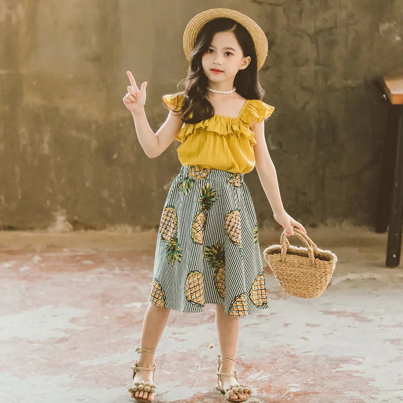 2019 Girls Summer Clothes Ruffle T-shirt Tops+Pineapple skirt 2 PCS Suit Kids Clothing 4 6 8 10 Years Princess Costume Set | Мать и