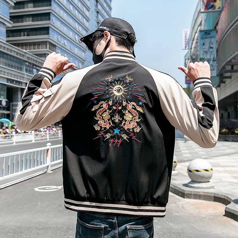 Мужская уличная куртка в китайском стиле с вышивкой дракона мужская