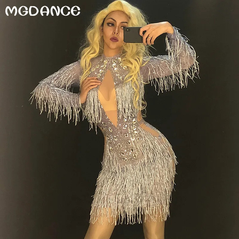 

dance costumes women Sexy Mesh Short Dress Silver Tassel Sparkling Crystals Nightclub DJ Stage Performance Costumes