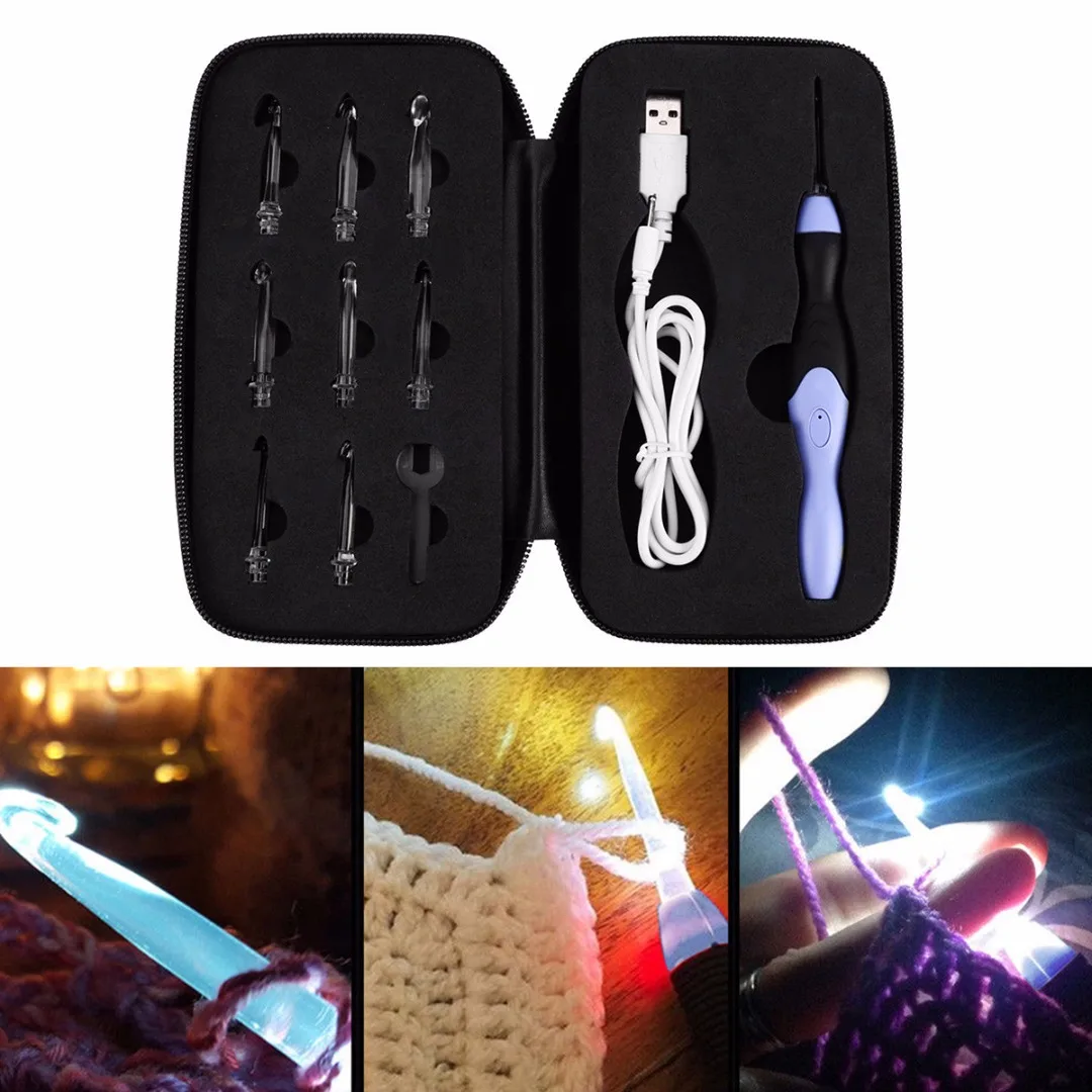 

New 9 IN 1 USB LED Light Up Purple Crochet Hooks Knitting Needles Set Weave Tool LED Crochet Hook